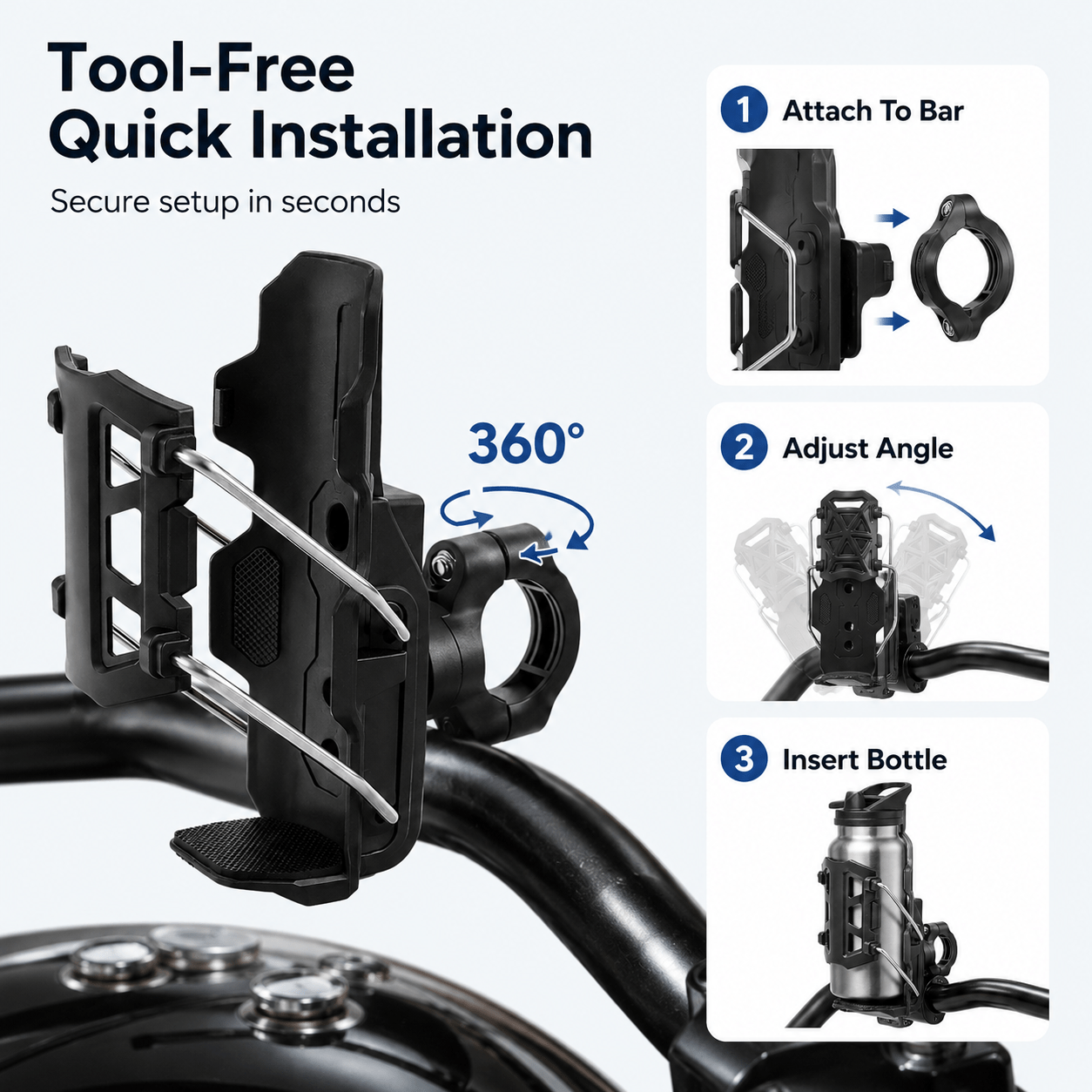 2\u002F3pcs Universal Bike Water Bottle Holder, Black Plastic + Metal Material, 360° Rotatable Anti-slip Drink Cage, Fits 22-25mm Water Bottles, Compatible With Bicycles, Motorcycles, ATVs, Boats, And Outdoor Riding, A Summer Travel Essential.