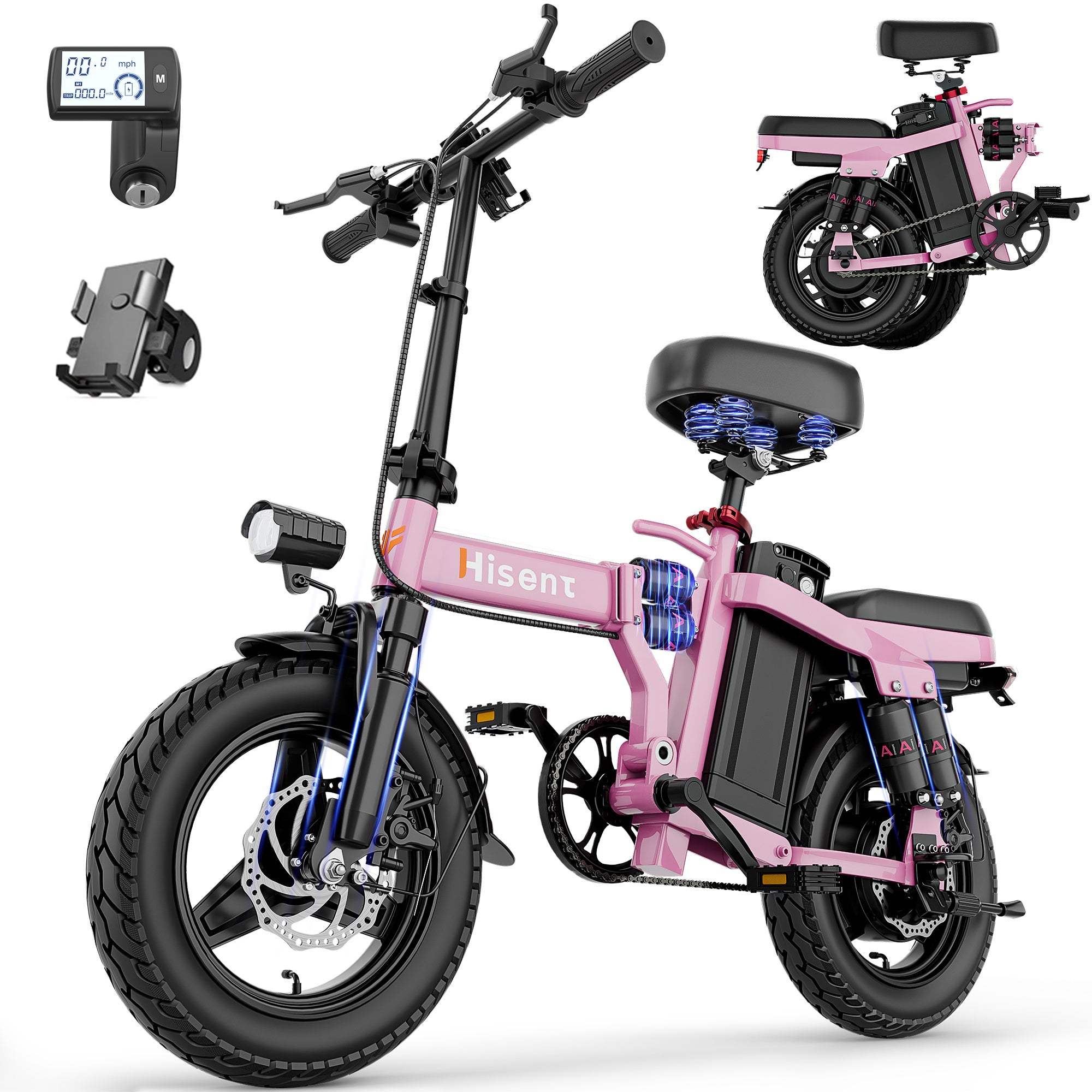 Hisent Electric Scooter, 500W Brushless Motor, Speed 16-19mph, Dual Suspension System, Full Shock Absorption, 48V 10AH-17.5AH Battery (optional), 15-35 Miles Range, 14-inch High-quality Tires