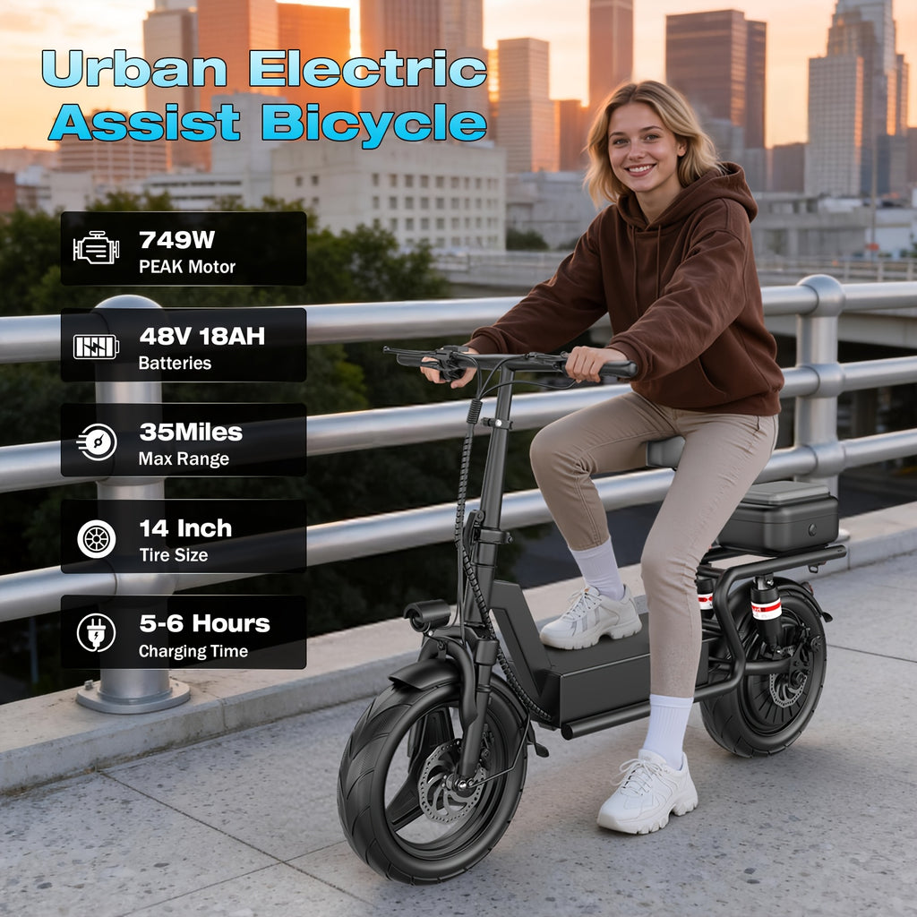 749W Peak Motor Electric Scooter - 48V 18AH Battery, 35 Miles Range, 14 Inch Tires, Urban Commuter E-Bike with 5-6H Charging