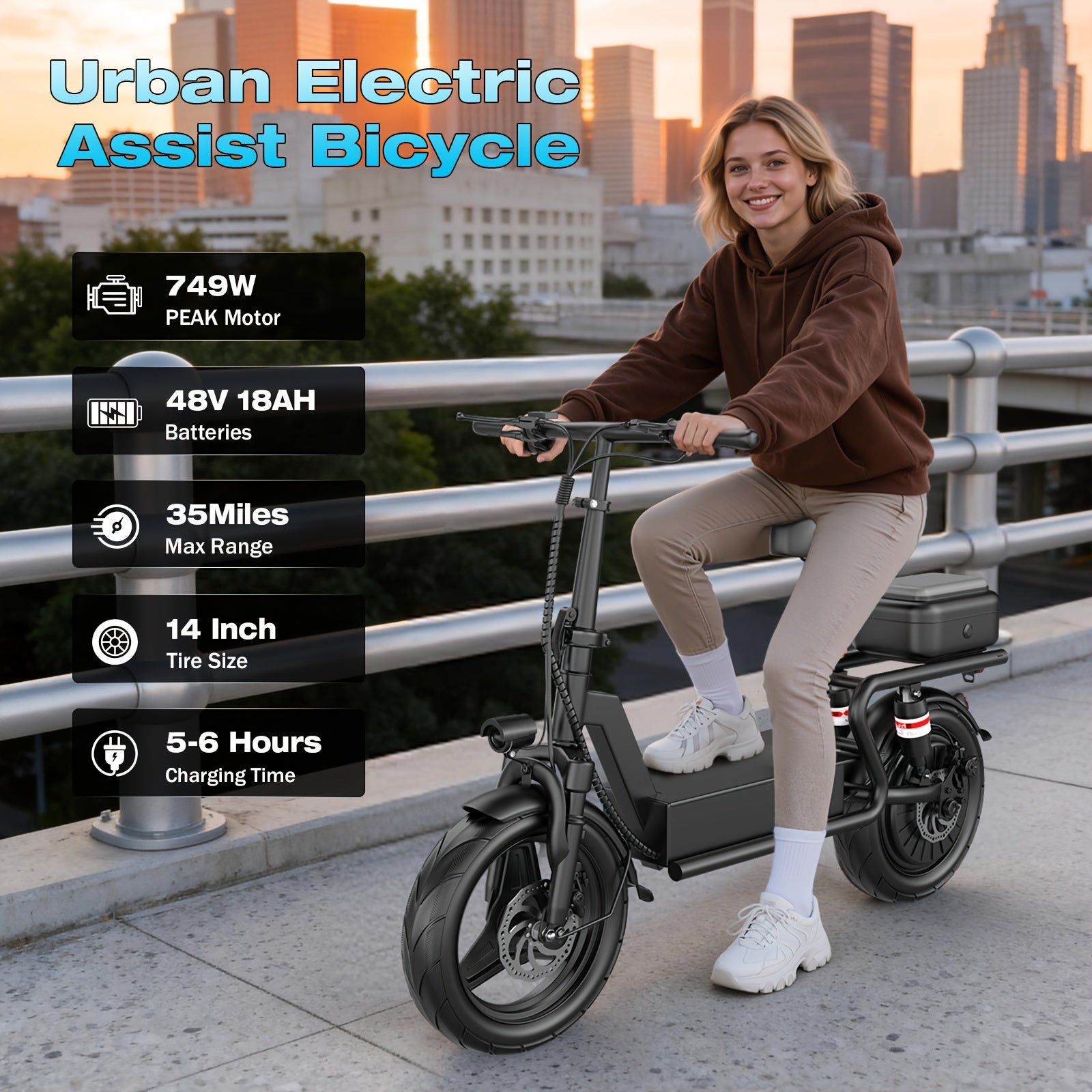 749W Peak Motor Electric Scooter - 48V 18AH Battery, 35 Miles Range, 14 Inch Tires, Urban Commuter E-Bike with 5-6H Charging