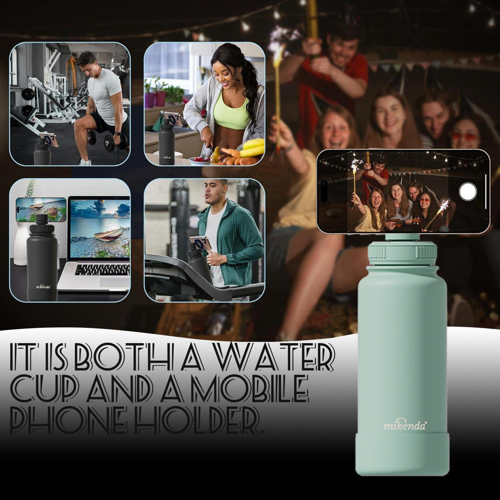 A 32-Ounce Mikenda Magnetic Stainless Steel Insulated Water Bottle, Featuring a Smart Magnetic Phone Holder, a Leak-Proof Lid, And Double-Layer Vacuum That Keeps Drinks Hot for 12 Hours And Cold for 24 Hours. It'S Perfect for Fitness, Travel