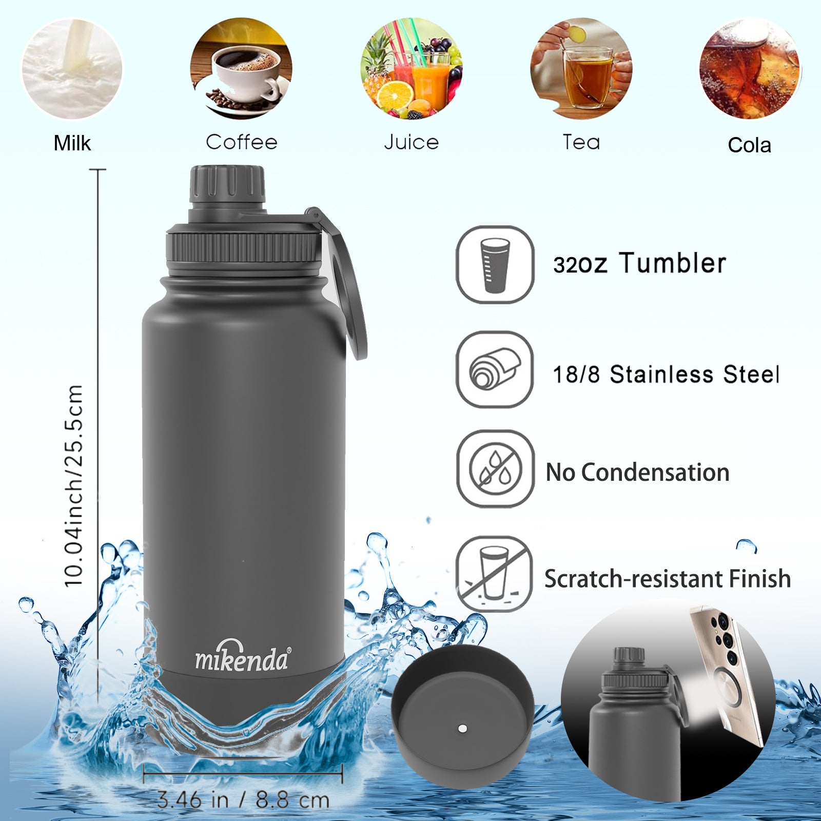 A 32-Ounce Mikenda Magnetic Stainless Steel Insulated Water Bottle, Featuring a Smart Magnetic Phone Holder, a Leak-Proof Lid, And Double-Layer Vacuum That Keeps Drinks Hot for 12 Hours And Cold for 24 Hours. It'S Perfect for Fitness, Travel